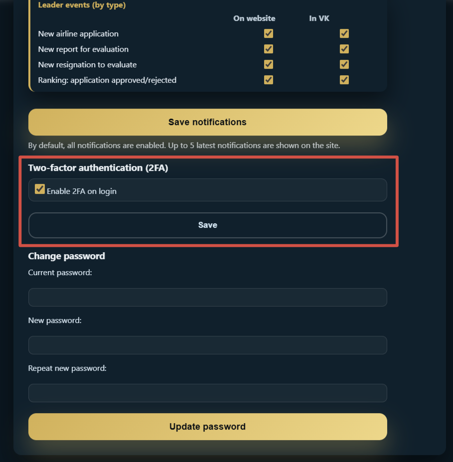 Enabling 2FA in settings