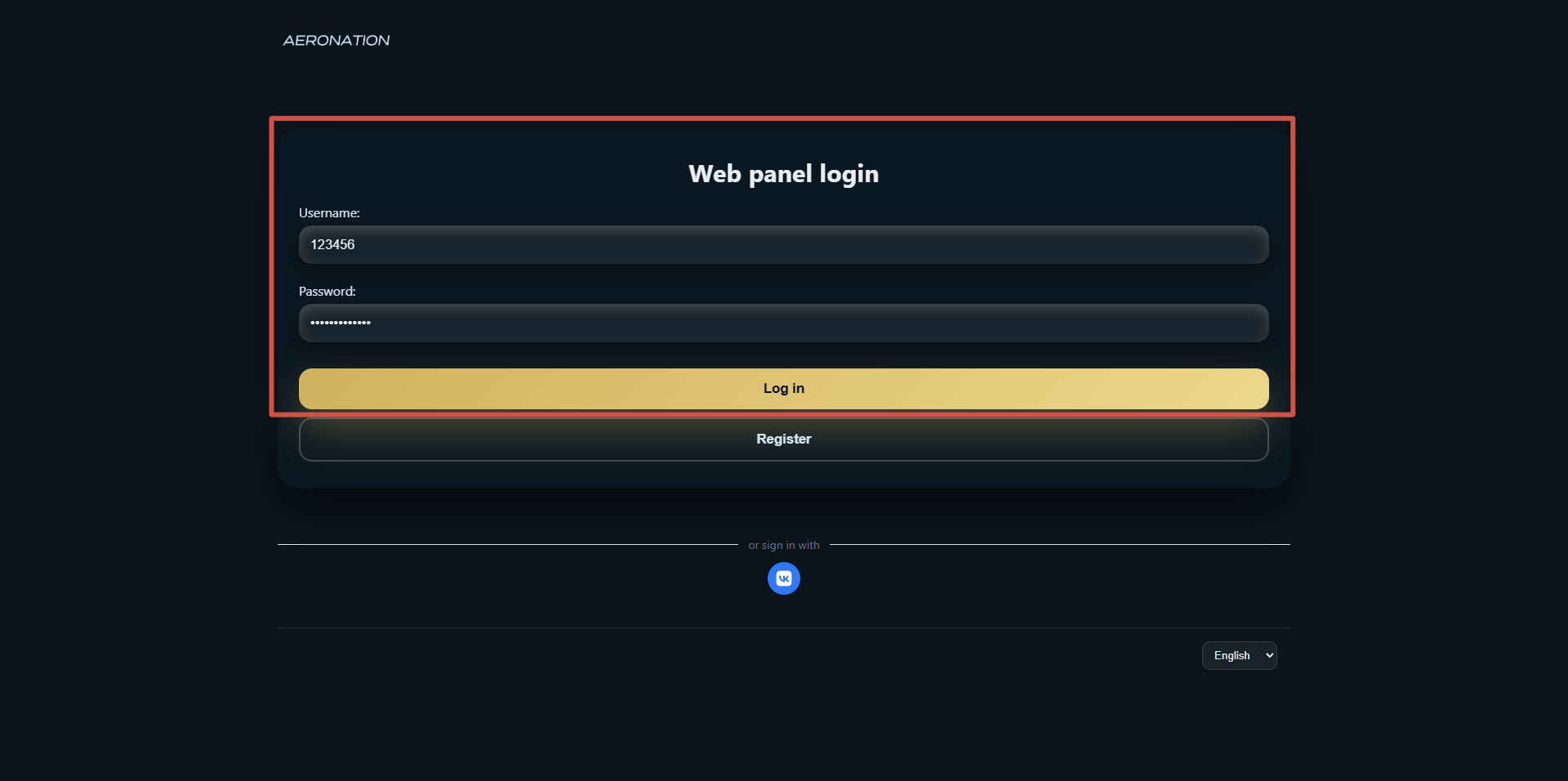 Aeronation Panel login page