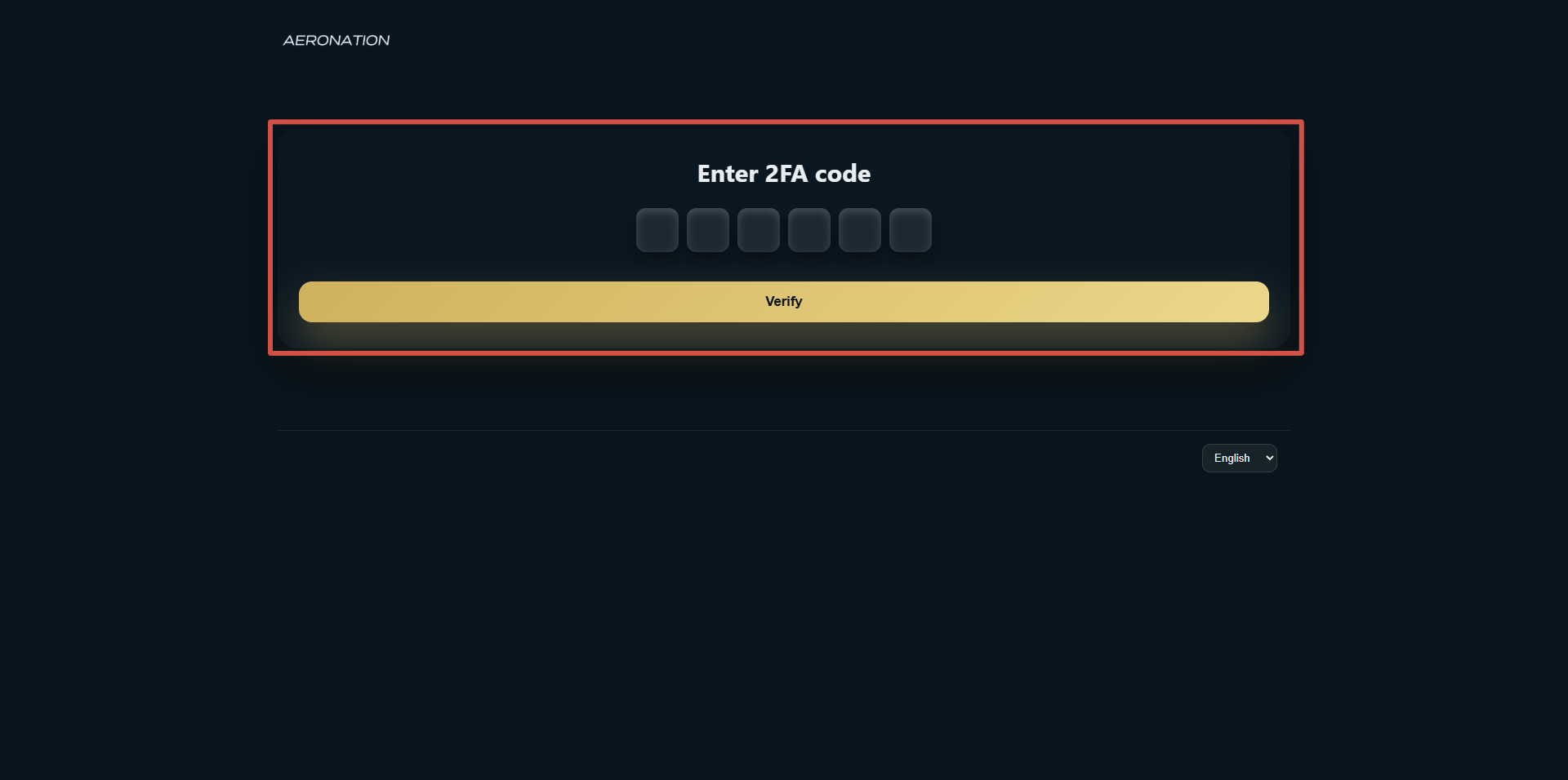 2FA code entry page in Aeronation Panel